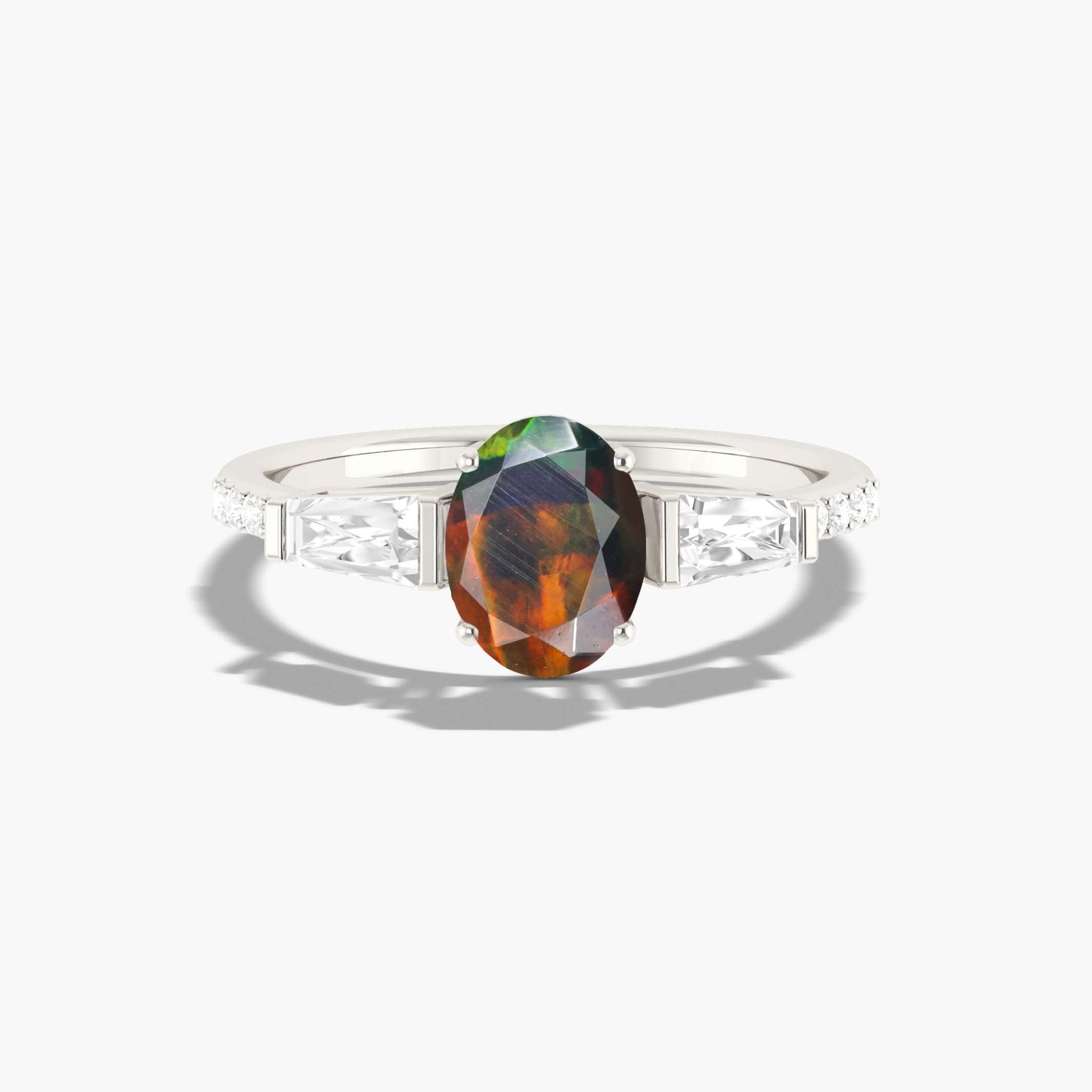 Natural Black Opal with Zircon Three Stone Engagement Ring - Goodstone Jewels