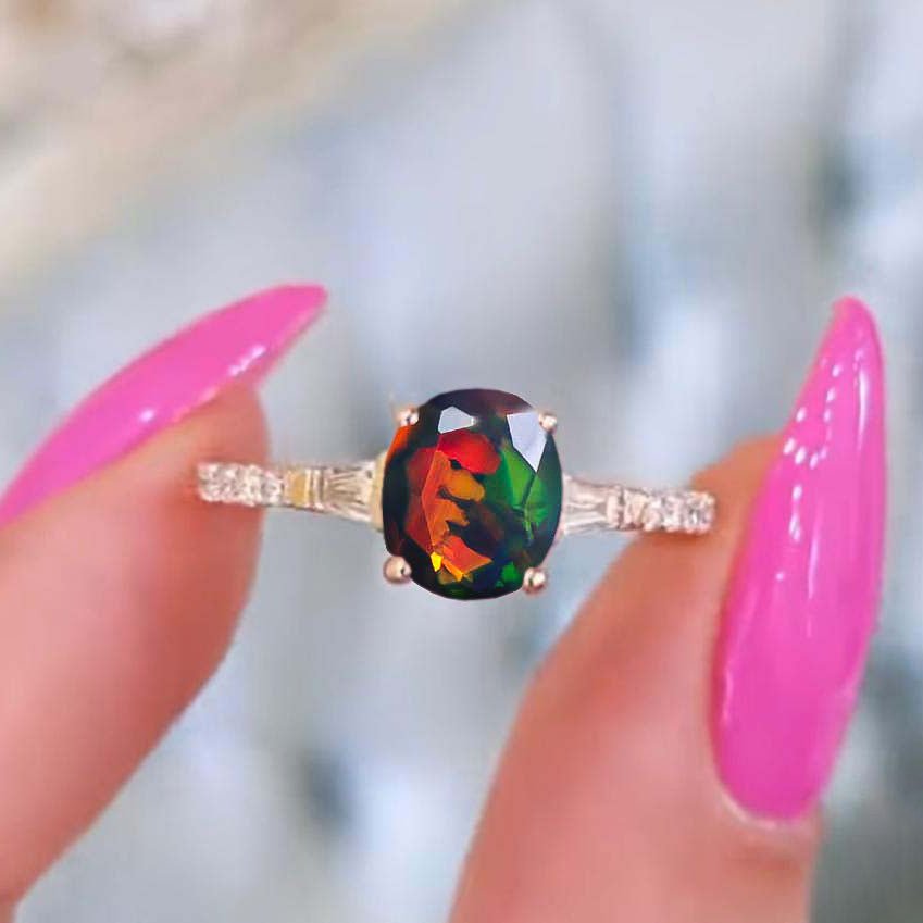 Natural Black Opal with Zircon Three Stone Engagement Ring - Goodstone Jewels