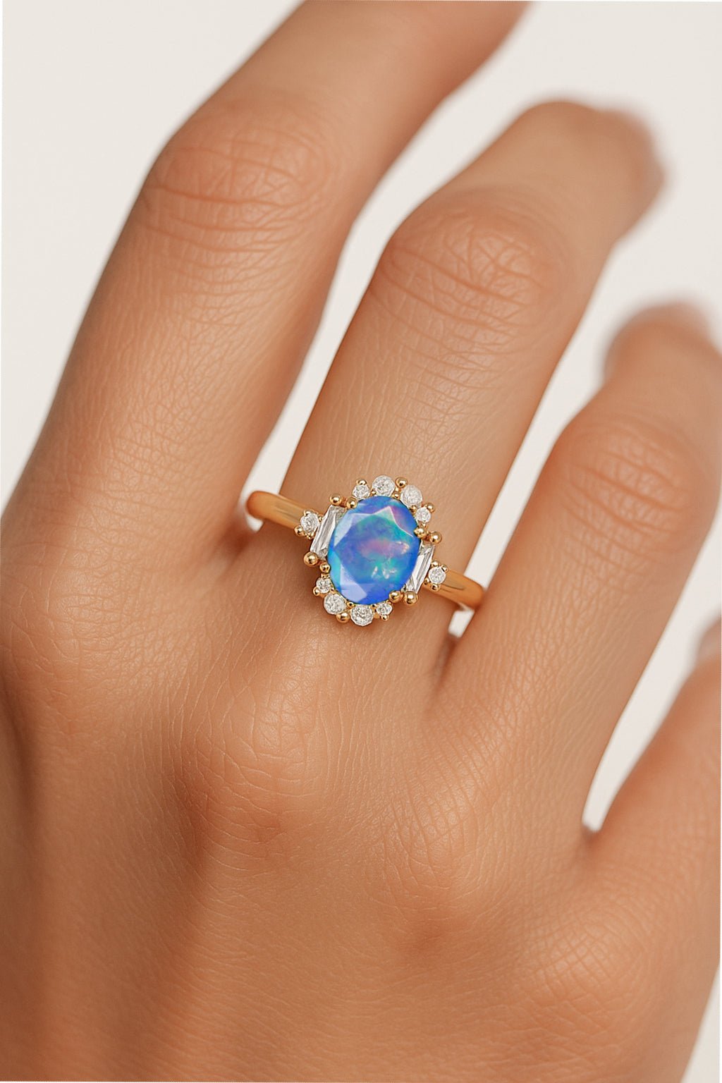 Natural Blue Fire Opal Halo Wedding Ring - Goodstone Jewels
