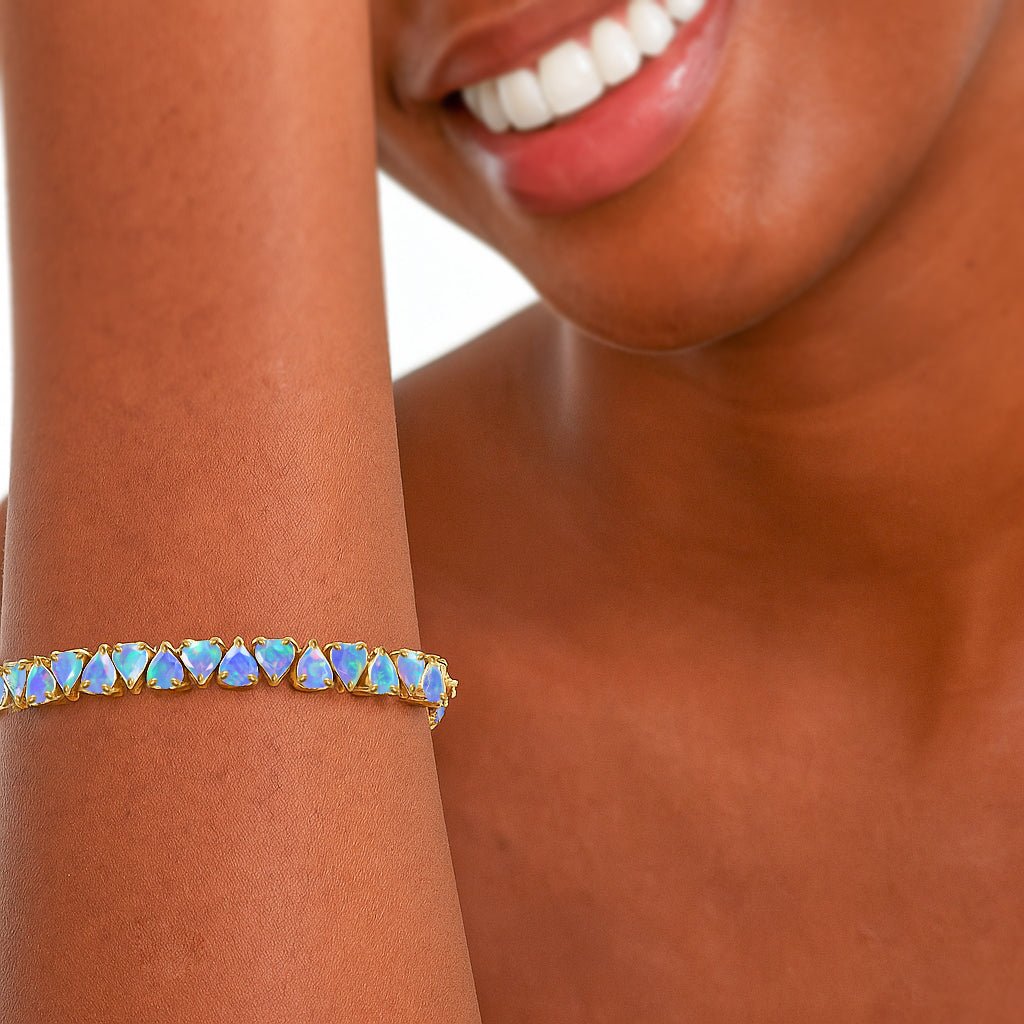Natural Blue Fire Opal Heart Gemstone Tennis Bracelet - Goodstone Jewels
