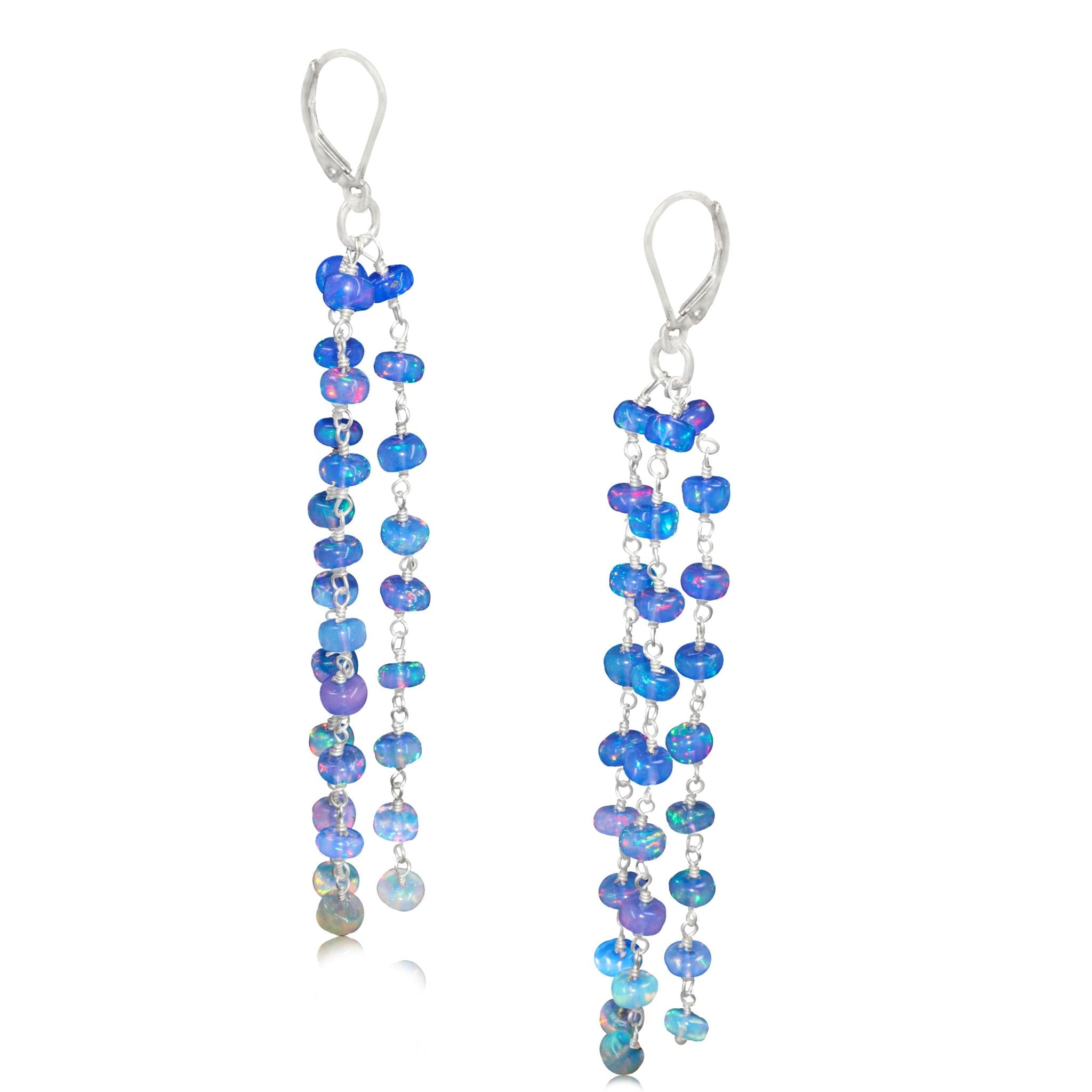Natural Blue Opal 3 Line Dangle Drop Handmade Earrings - Goodstone Jewels