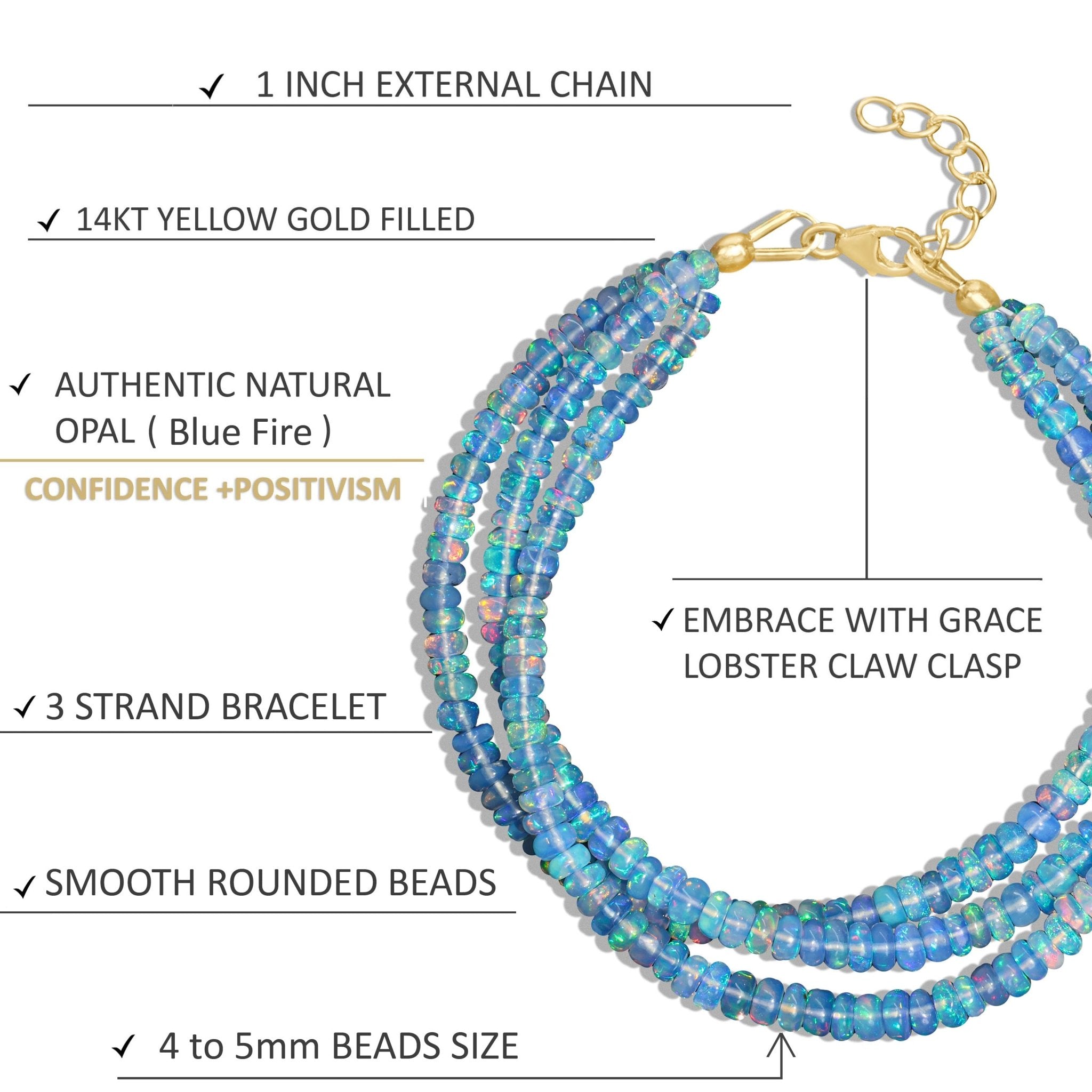 Natural Blue Opal 3 Strand Plain Beaded Bracelet - Goodstone Jewels