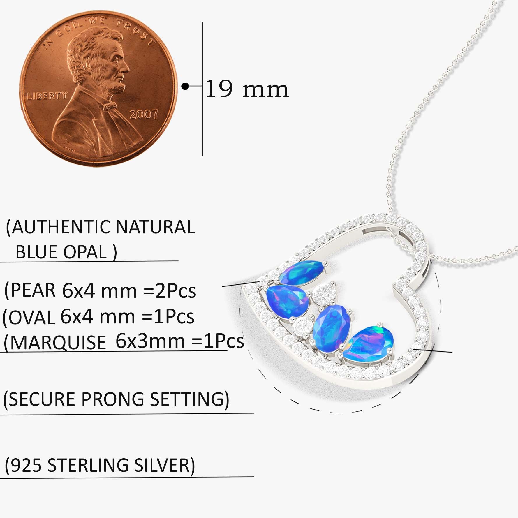 Natural Blue Opal 4 Stone Heart Chain Pendant Necklace - Goodstone Jewels