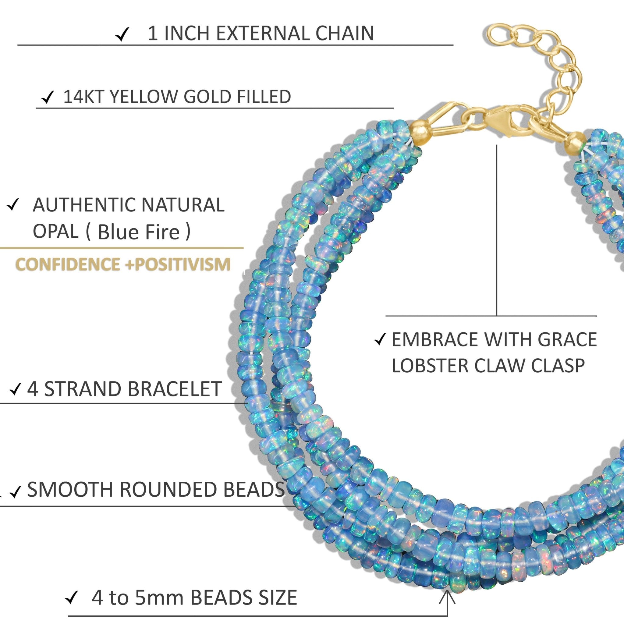 Natural Blue Opal 4 Strand Plain Beaded Bracelet - Goodstone Jewels