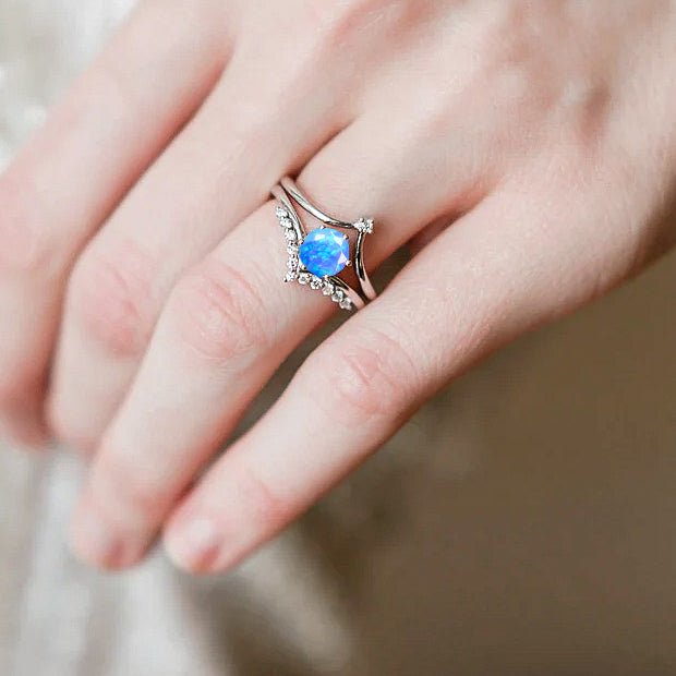 Natural Blue Opal and White Zircon Sparkling Wishbone Ring - Goodstone Jewels