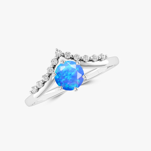 Natural Blue Opal and White Zircon Sparkling Wishbone Ring