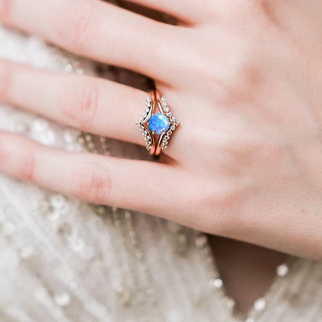 Natural Blue Opal and White Zircon Sparkling Wishbone Ring - Goodstone Jewels
