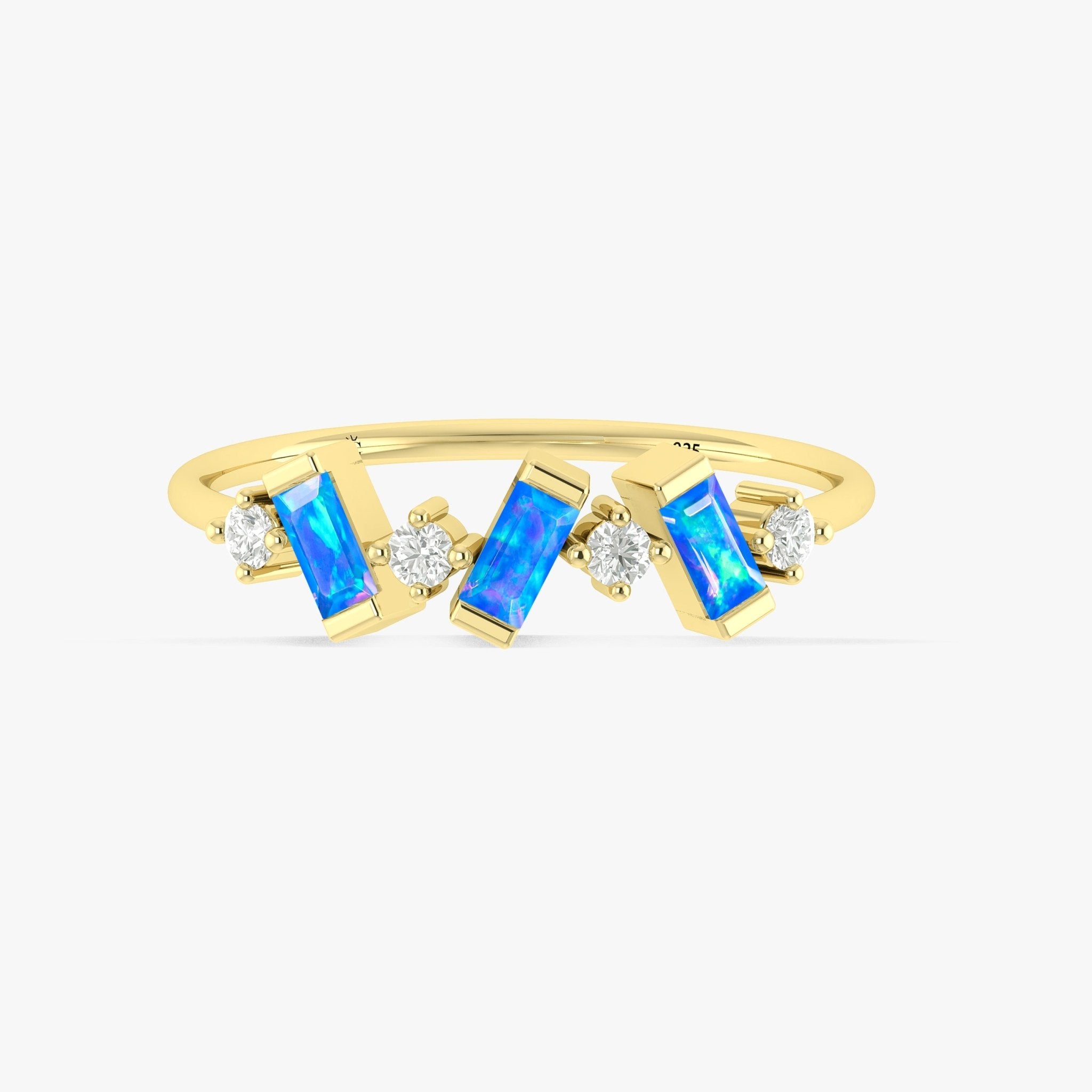 Natural Blue Opal Baguette Shape Designer Three Stone Ring - Goodstone Jewels
