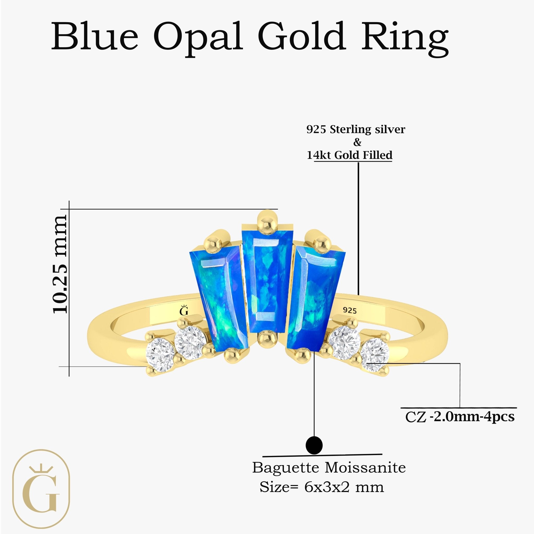 Natural Blue Opal Baguette Stone Wishbone Crown Style Ring - Goodstone Jewels