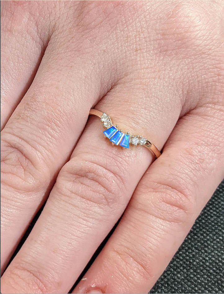 Natural Blue Opal Baguette Stone Wishbone Crown Style Ring - Goodstone Jewels