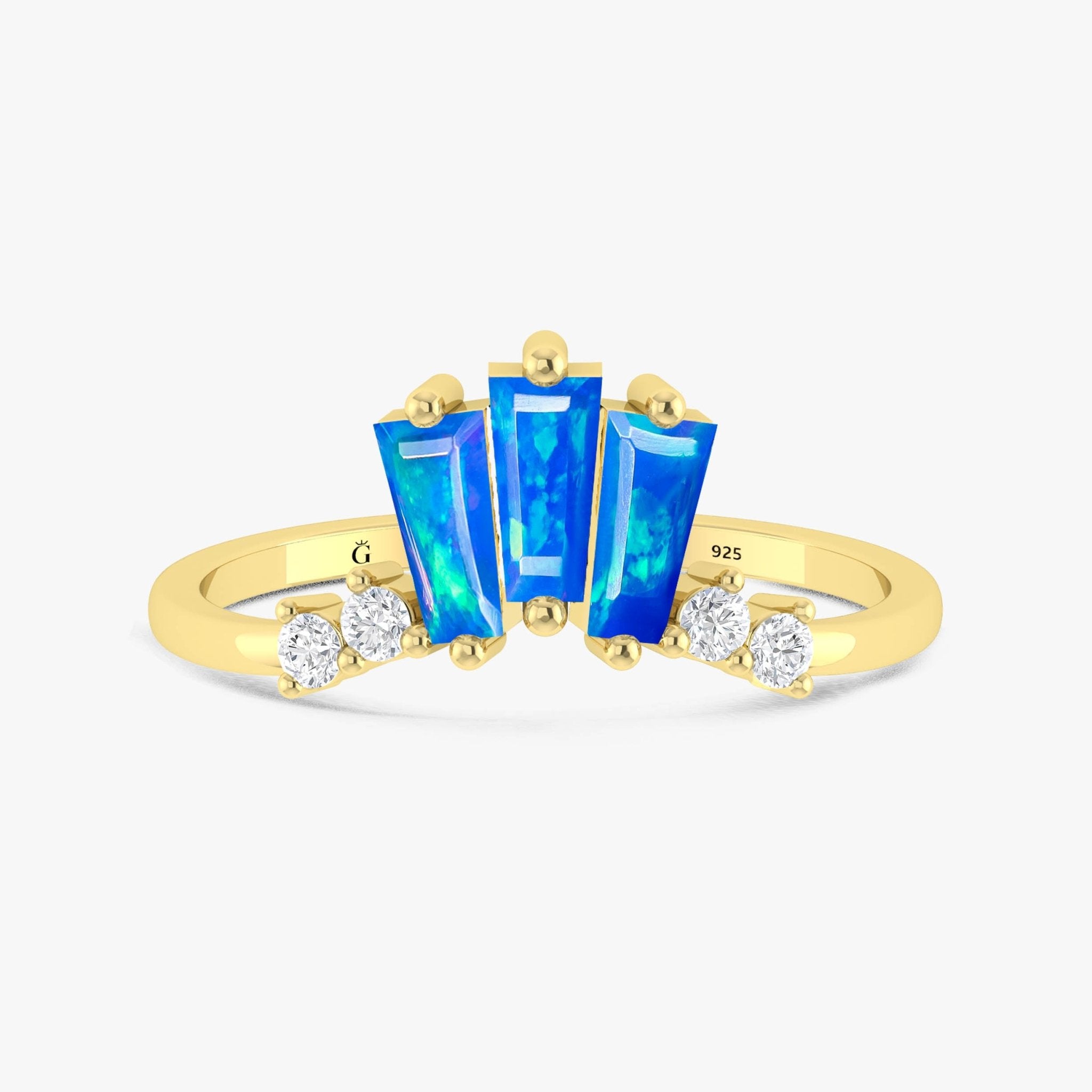 Natural Blue Opal Baguette Stone Wishbone Crown Style Ring - Goodstone Jewels