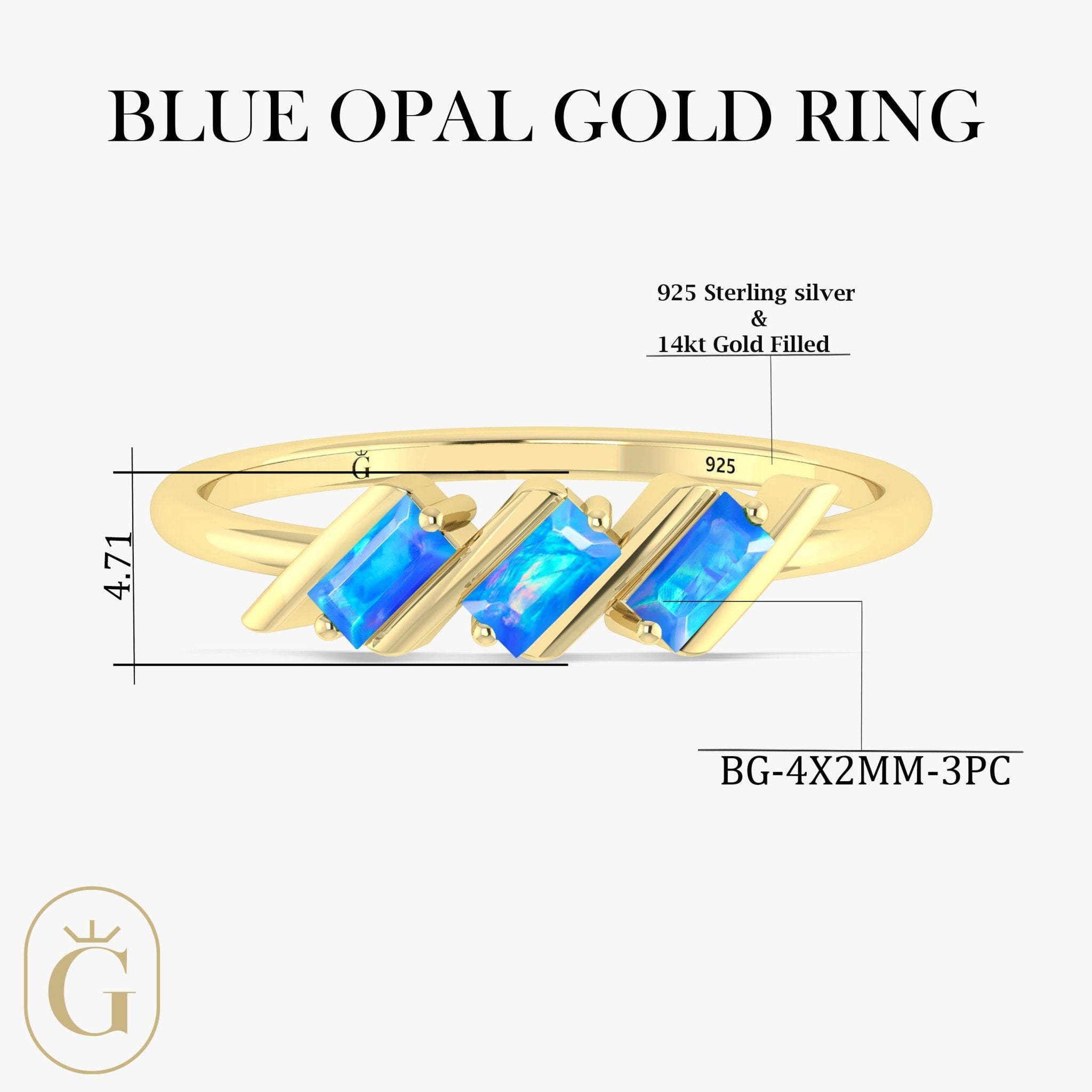 Natural Blue Opal Baguette Style Three Stone Ring in Gold Filled & Sterling Silver - Goodstone Jewels