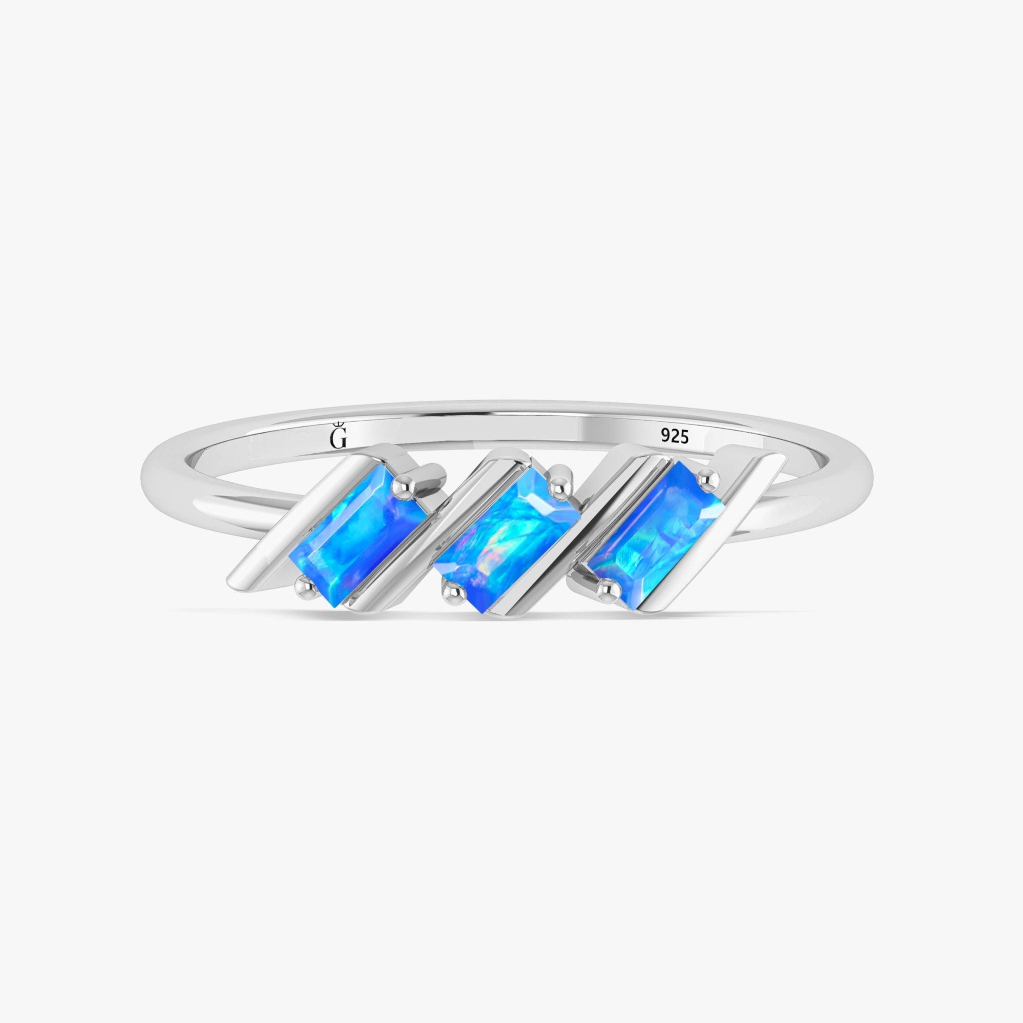 Natural Blue Opal Baguette Style Three Stone Ring in Gold Filled & Sterling Silver - Goodstone Jewels