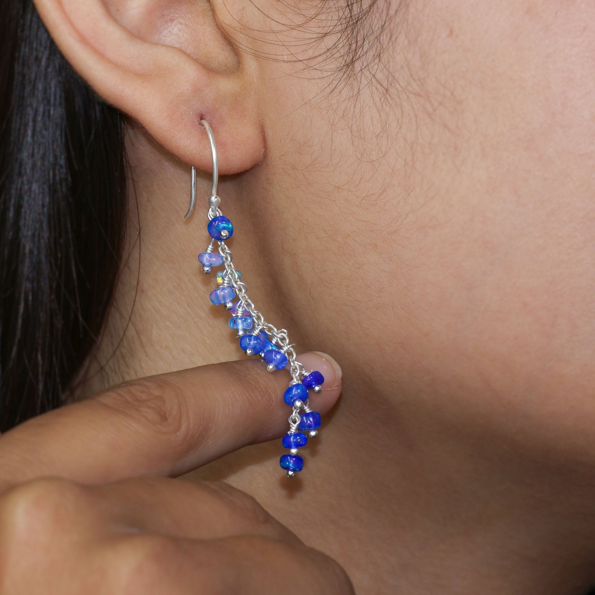 Natural Blue Opal Beaded Long Cluster Dangle Earrings - Goodstone Jewels