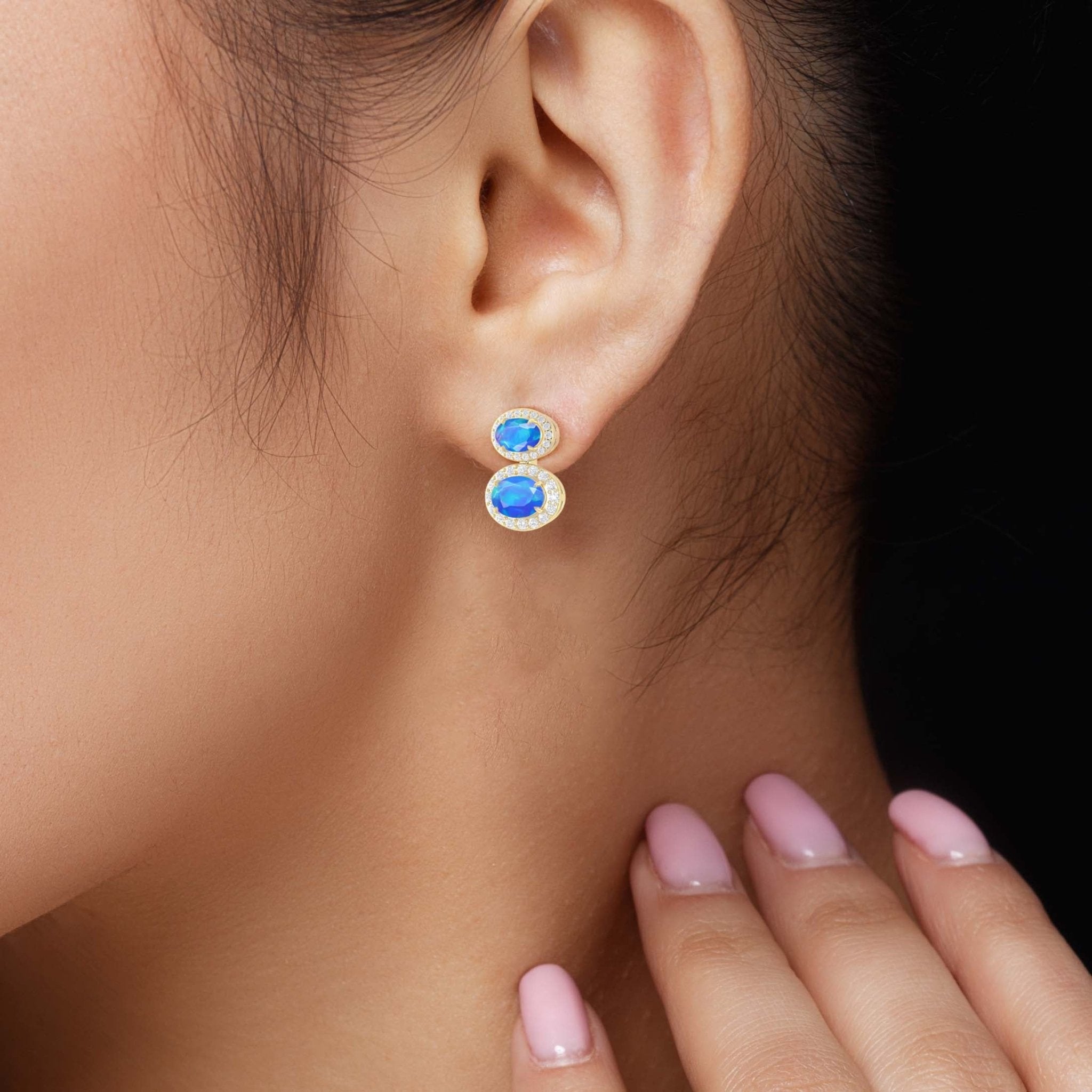 Natural Blue Opal Dual Stone Halo Stud Earrings - Goodstone Jewels