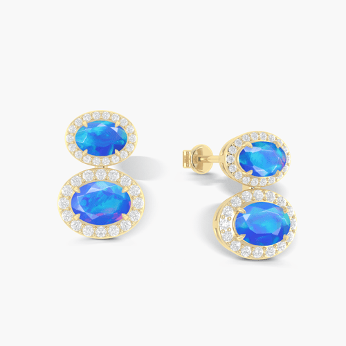 Natural Blue Opal Dual Stone Halo Stud Earrings