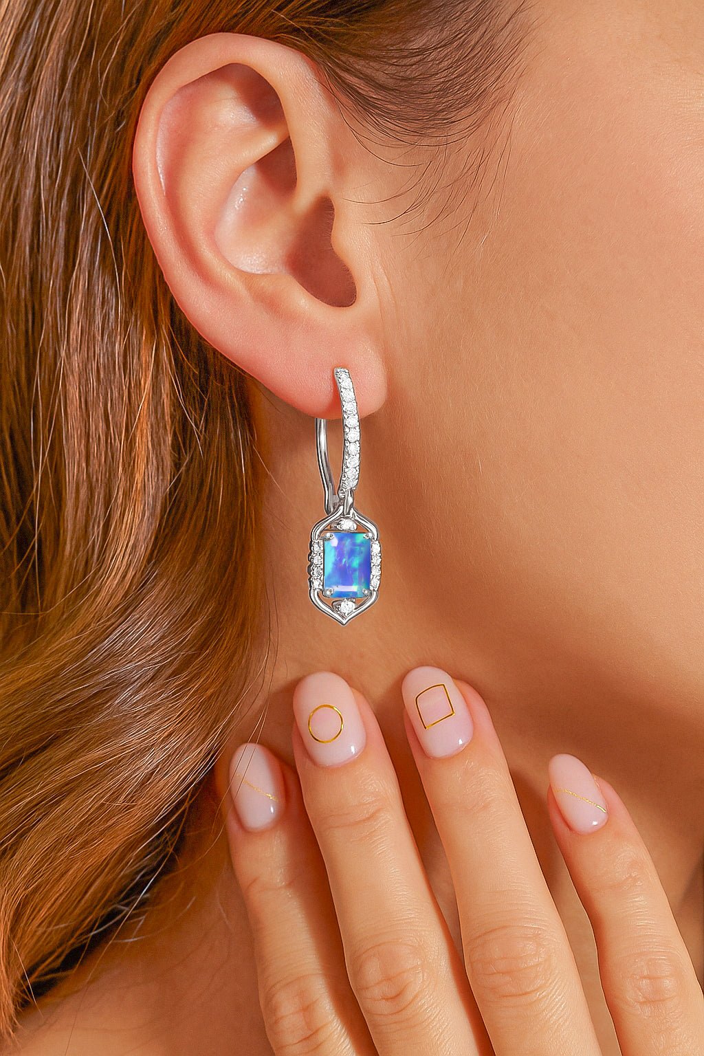 Blue Opal Gemstone Dangle Earrings styled with a daily outfit – Opal Jewelry USA