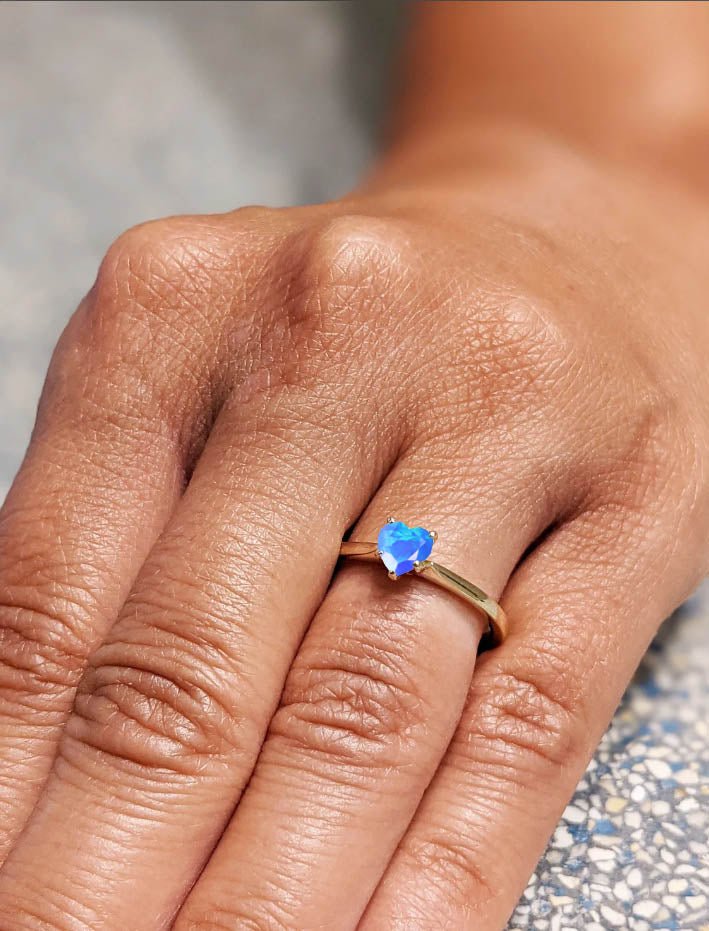 Natural Blue Opal Gemstone Heart Ring in Yellow Gold Filled & 925 Silver - Goodstone Jewels