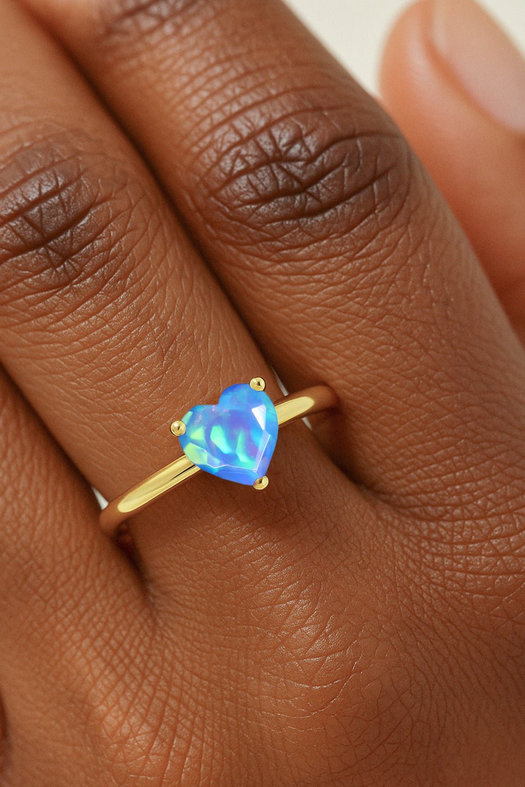 Natural Blue Opal Gemstone Heart Ring in Yellow Gold Filled & 925 Silver - Goodstone Jewels