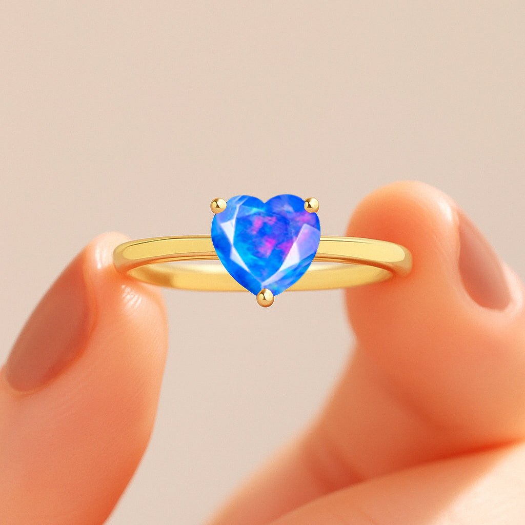 Natural Blue Opal Gemstone Heart Ring in Yellow Gold Filled & 925 Silver - Goodstone Jewels