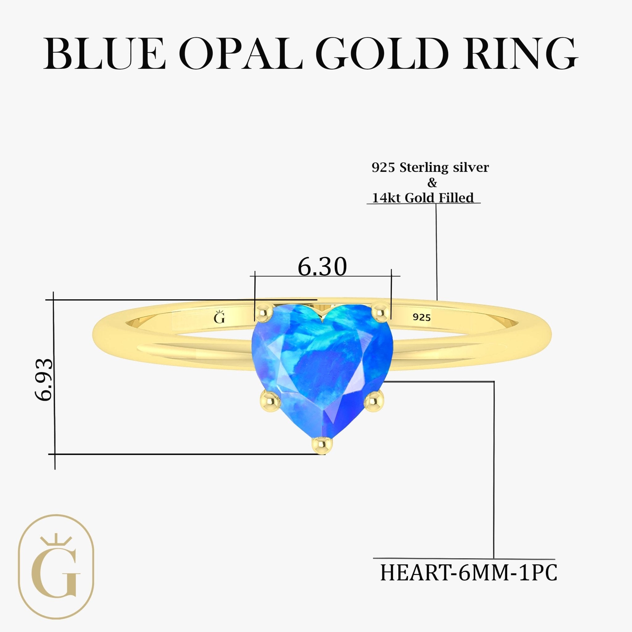 Natural Blue Opal Gemstone Heart Ring in Yellow Gold Filled & 925 Silver - Goodstone Jewels
