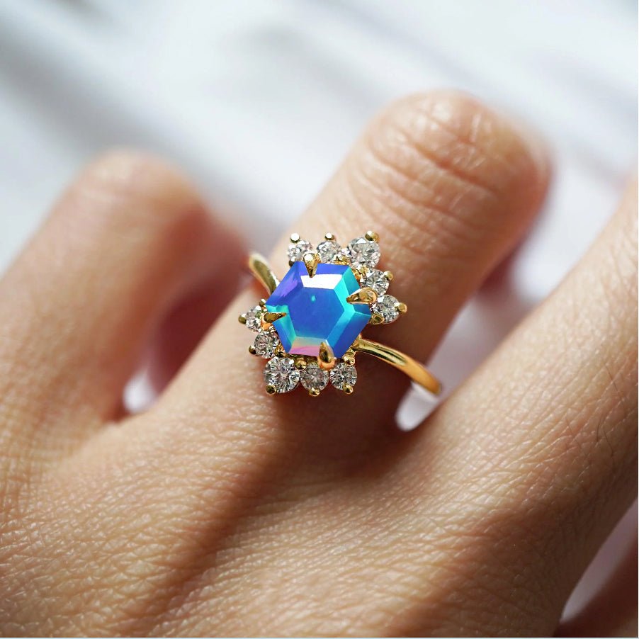 Natural Blue Opal Hexagon Gemstone Ring - Goodstone Jewels