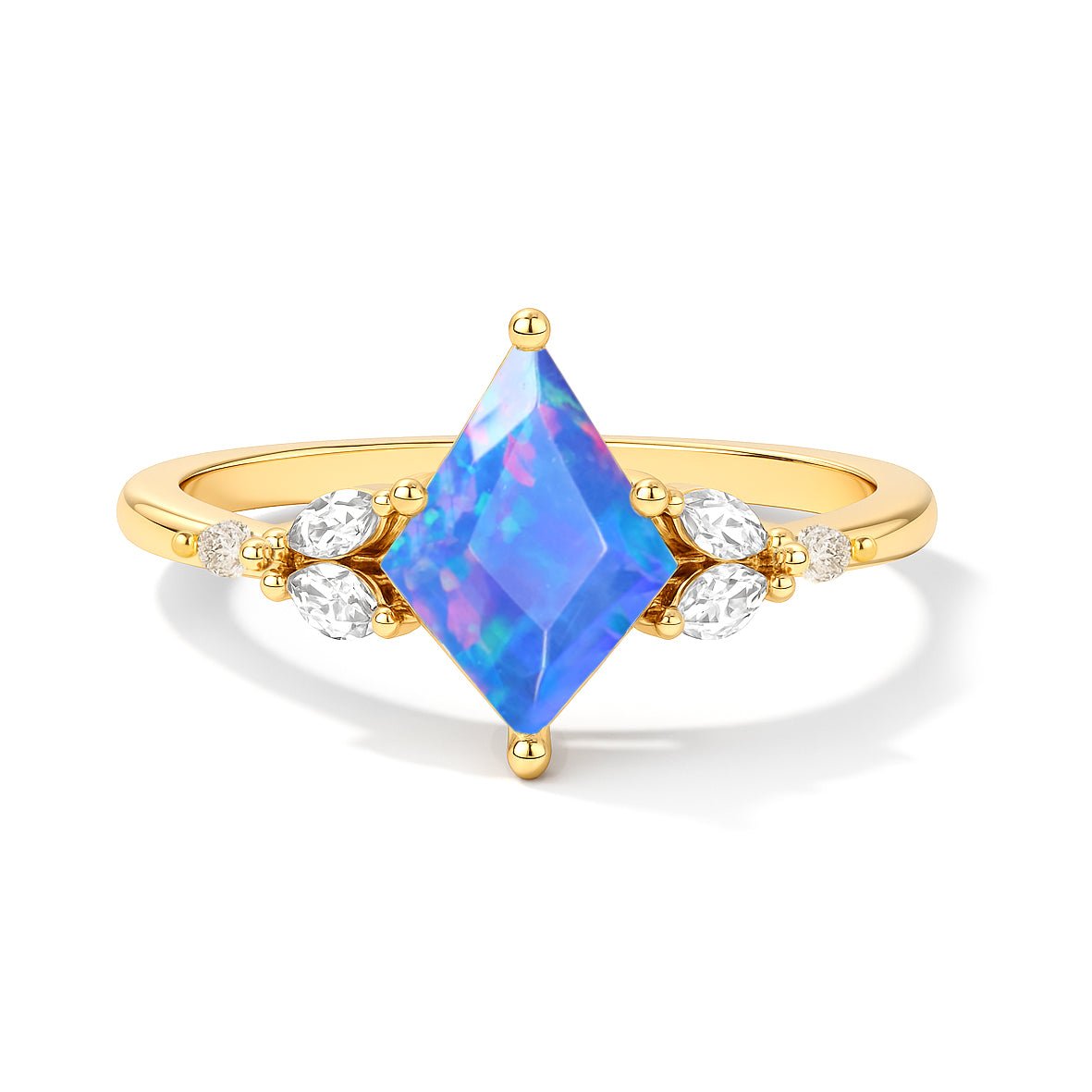 Natural Blue Opal Kite Shape Faceted Cut Designer Ring with Cubic Zircon - Goodstone Jewels