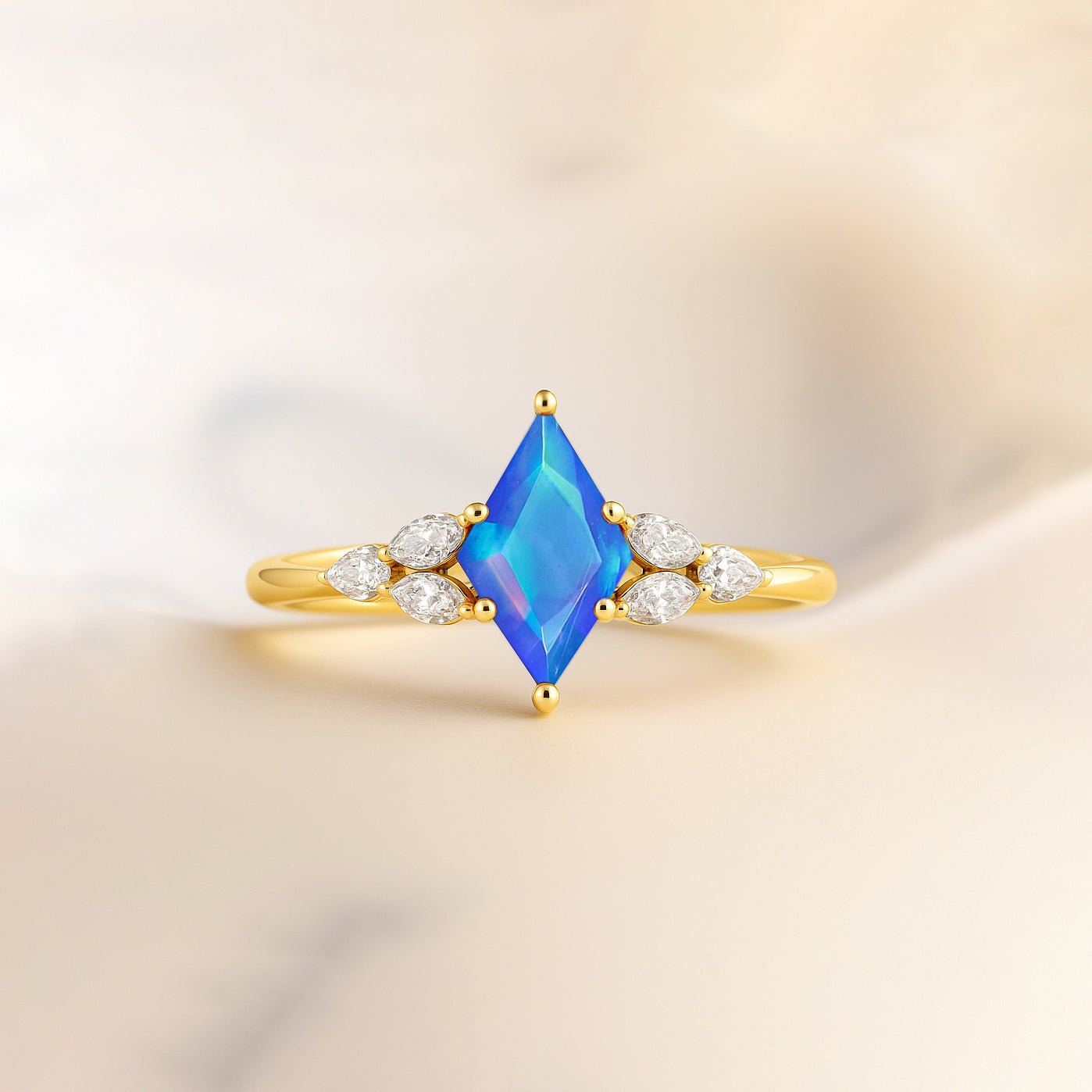 Natural Blue Opal Kite Shape Solitaire Ring 8X6MM Faceted Cut - Goodstone Jewels