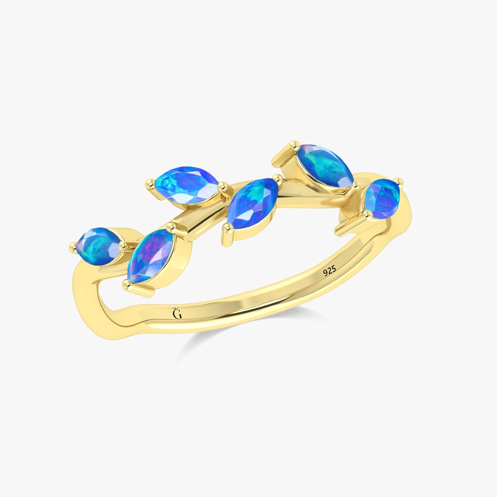 Natural Blue Opal Leaf Style Six Stone Gold Filled & 925 Silver Ring - Goodstone Jewels