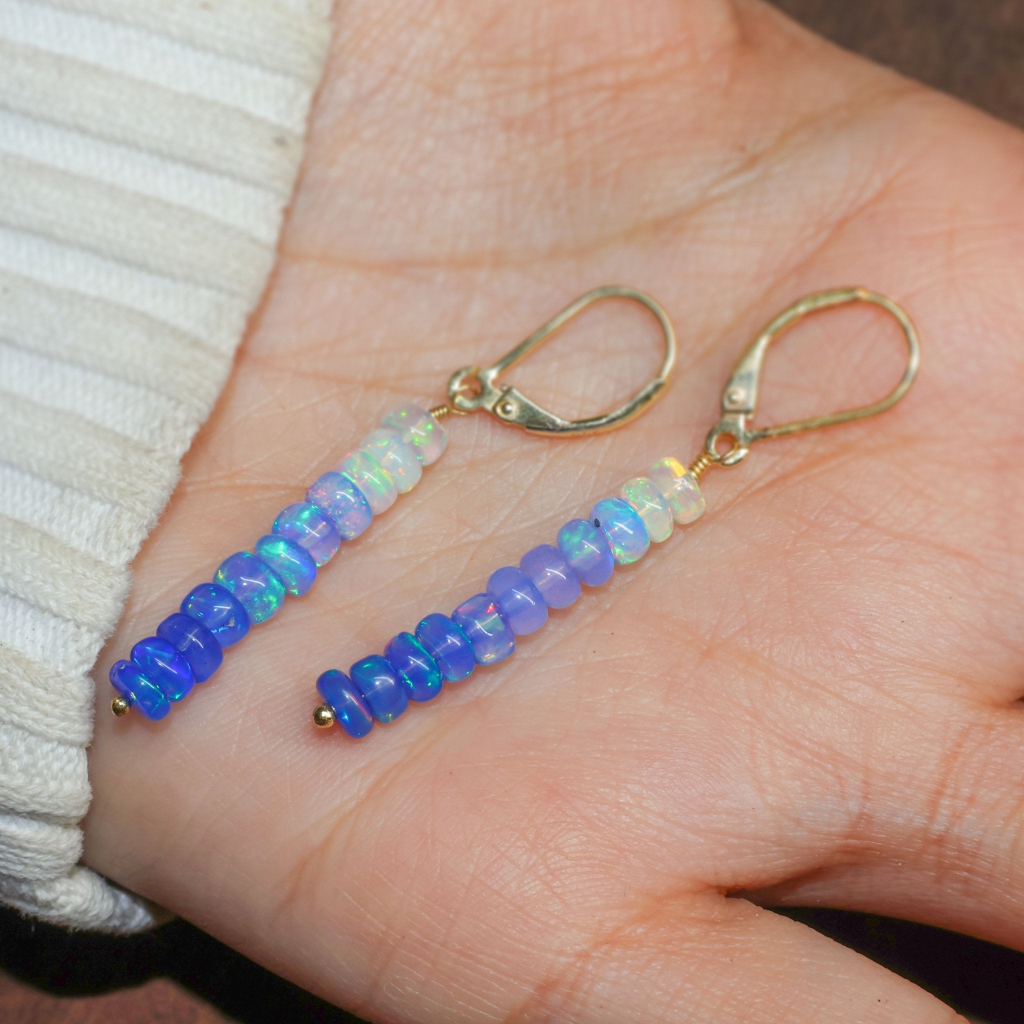 Natural Blue Opal Linear Beaded Dangle Drop Earrings - Goodstone Jewels