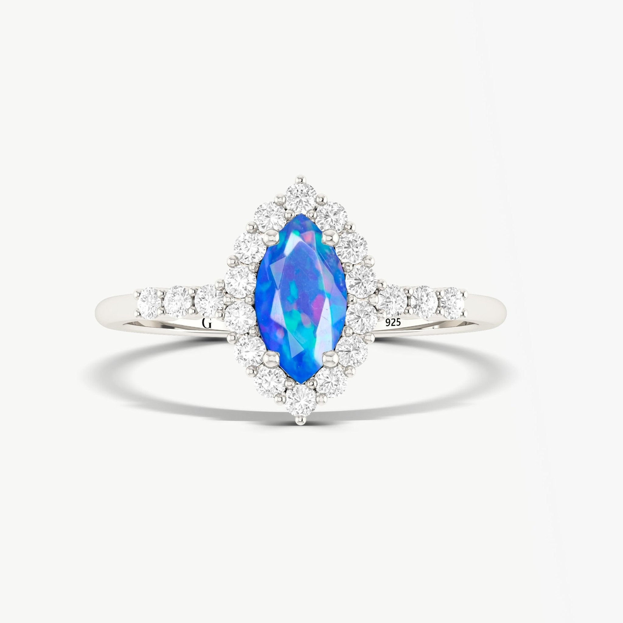 Natural Blue Opal Marquise Shape Halo Wedding Ring - Goodstone Jewels