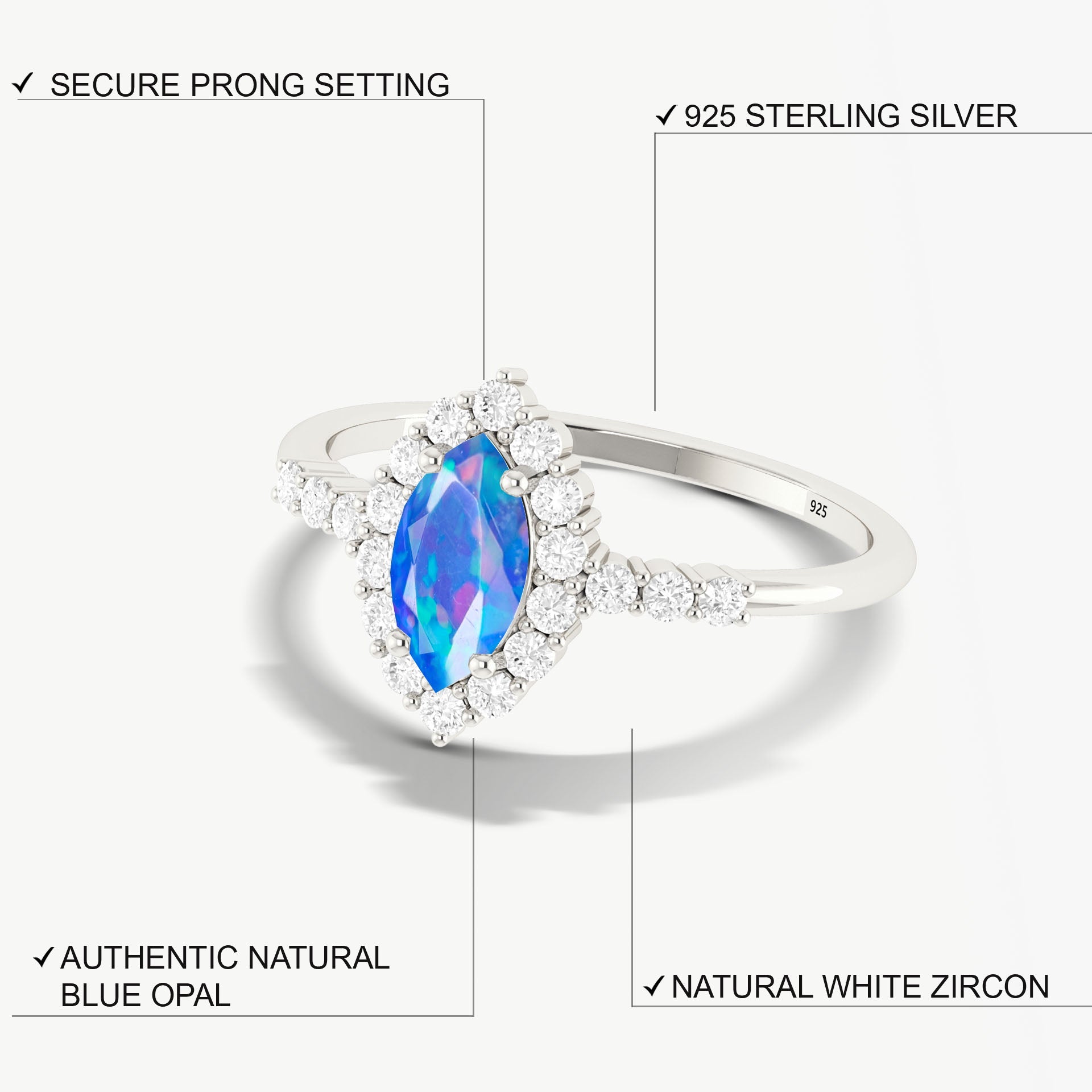 Natural Blue Opal Marquise Shape Halo Wedding Ring - Goodstone Jewels