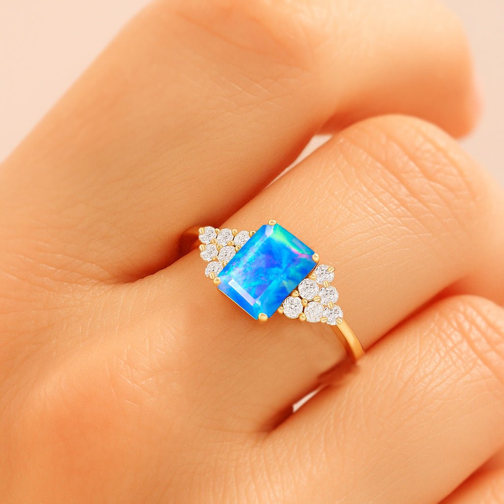 Natural Blue Opal Octagon Stone Solitaire Ring in Yellow Gold Filled & Sterling Silver - Goodstone Jewels