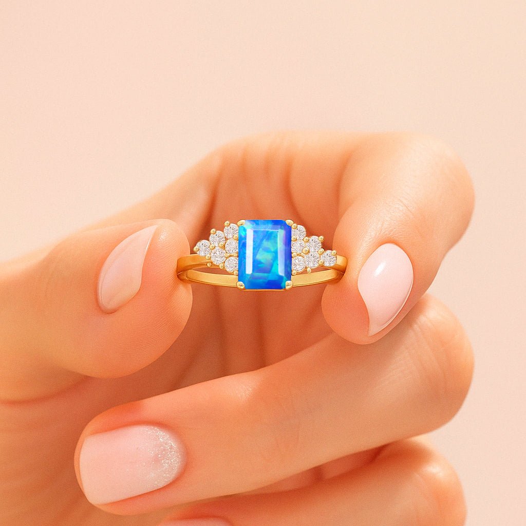 Natural Blue Opal Octagon Stone Solitaire Ring in Yellow Gold Filled & Sterling Silver - Goodstone Jewels