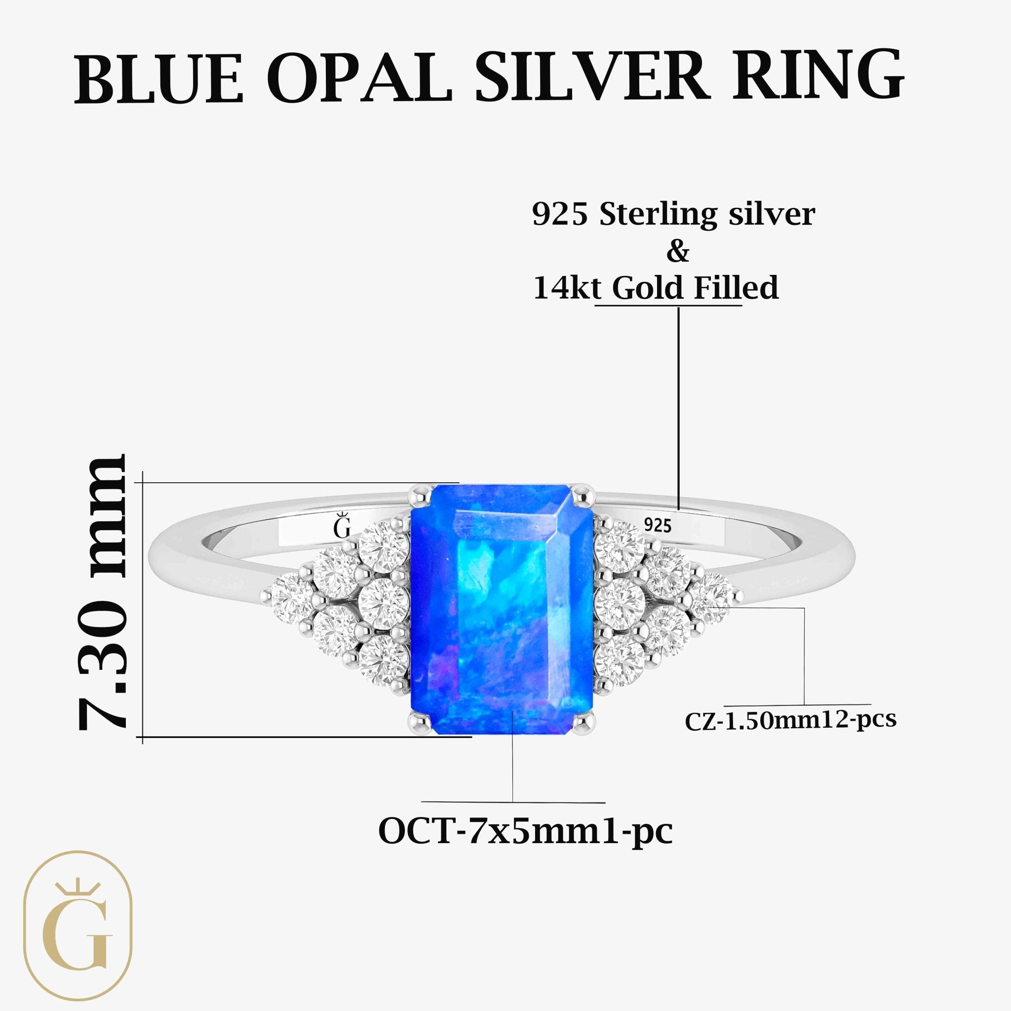 Natural Blue Opal Octagon Stone Solitaire Ring in Yellow Gold Filled & Sterling Silver - Goodstone Jewels