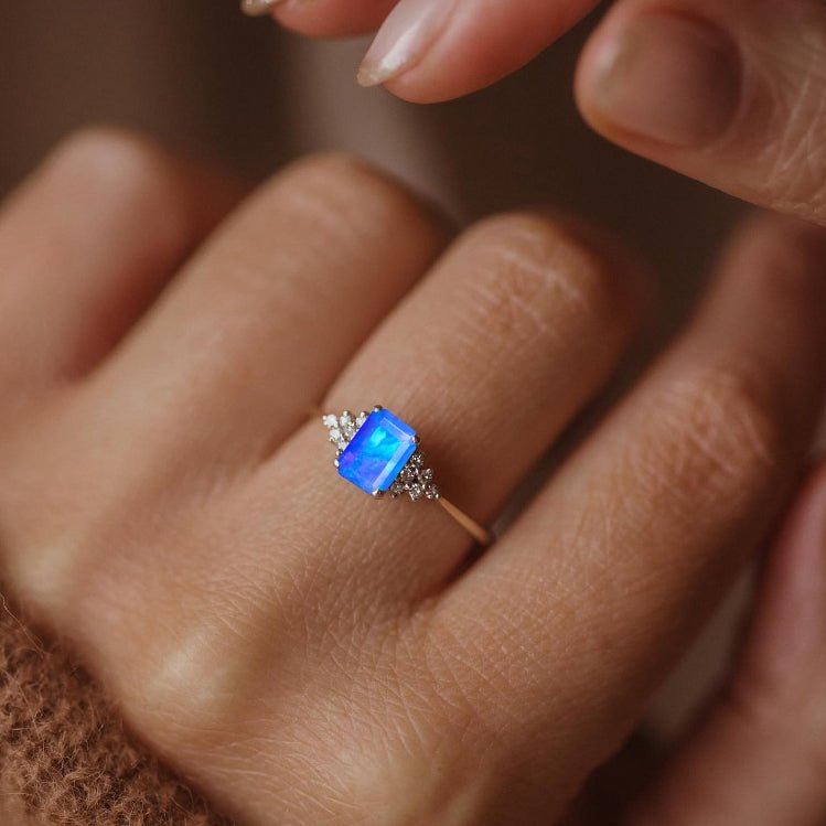 Natural Blue Opal Octagon Stone Solitaire Ring in Yellow Gold Filled & Sterling Silver - Goodstone Jewels