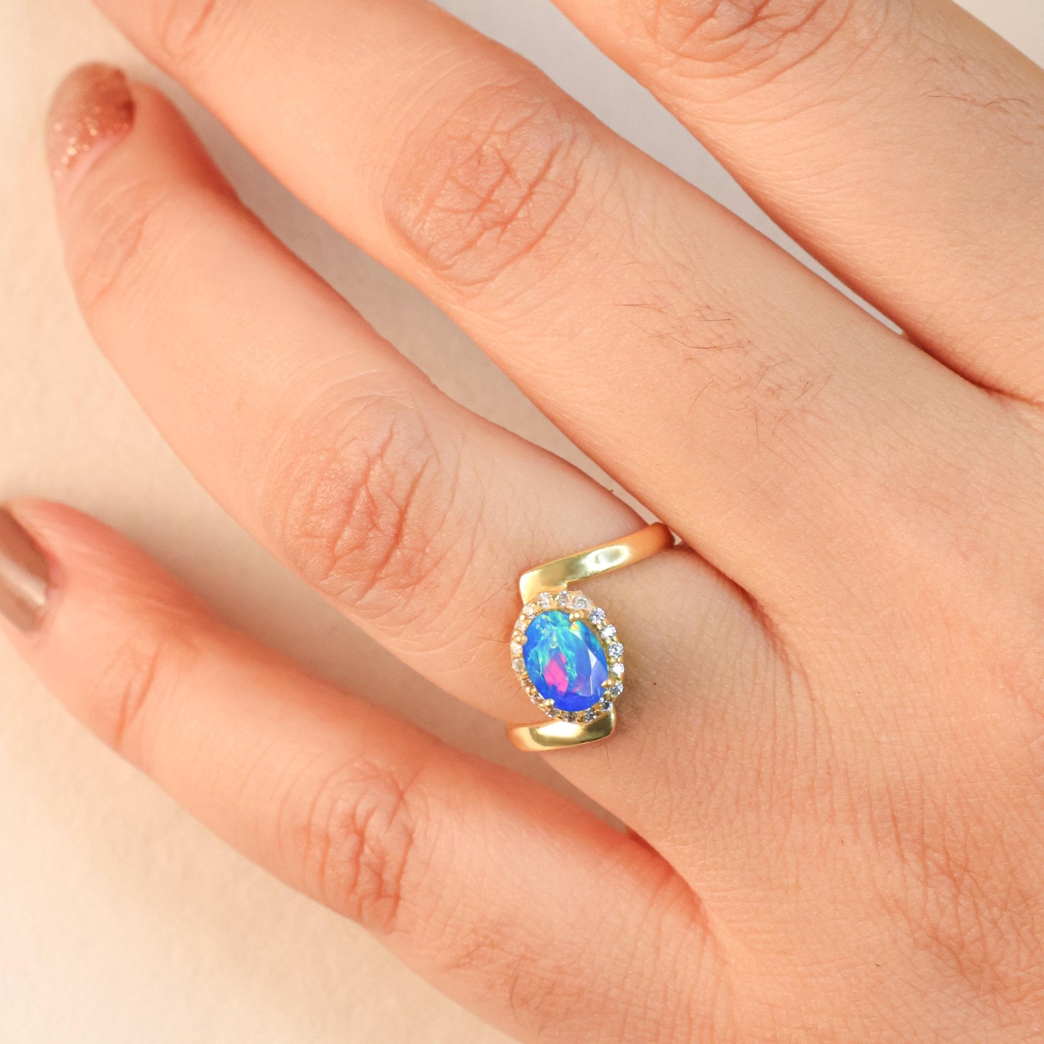 Natural Blue Opal Oval Shape Bypass Halo Ring - Goodstone Jewels