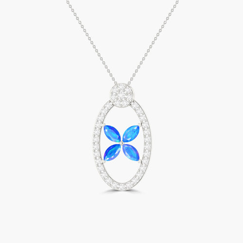 Natural Blue Opal OX Style Charm Floral Pendant Necklace