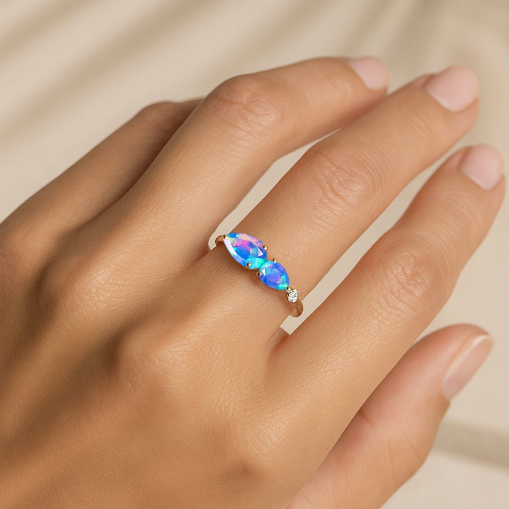 Natural Blue Opal Pear Shape Two Stone Ring in Yellow Gold Filled & Silver - Goodstone Jewels