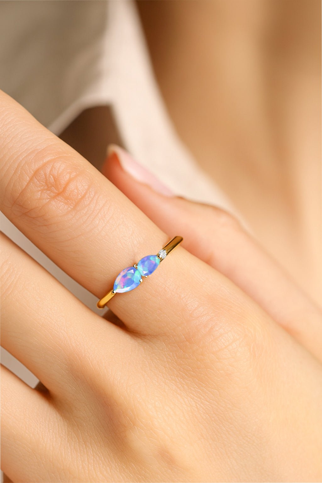 Natural Blue Opal Pear Shape Two Stone Ring in Yellow Gold Filled & Silver - Goodstone Jewels
