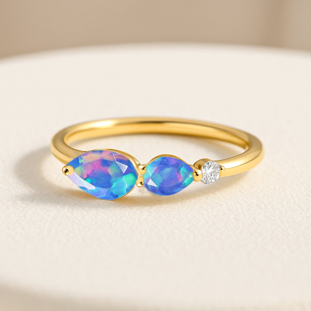 Natural Blue Opal Pear Shape Two Stone Ring in Yellow Gold Filled & Silver - Goodstone Jewels
