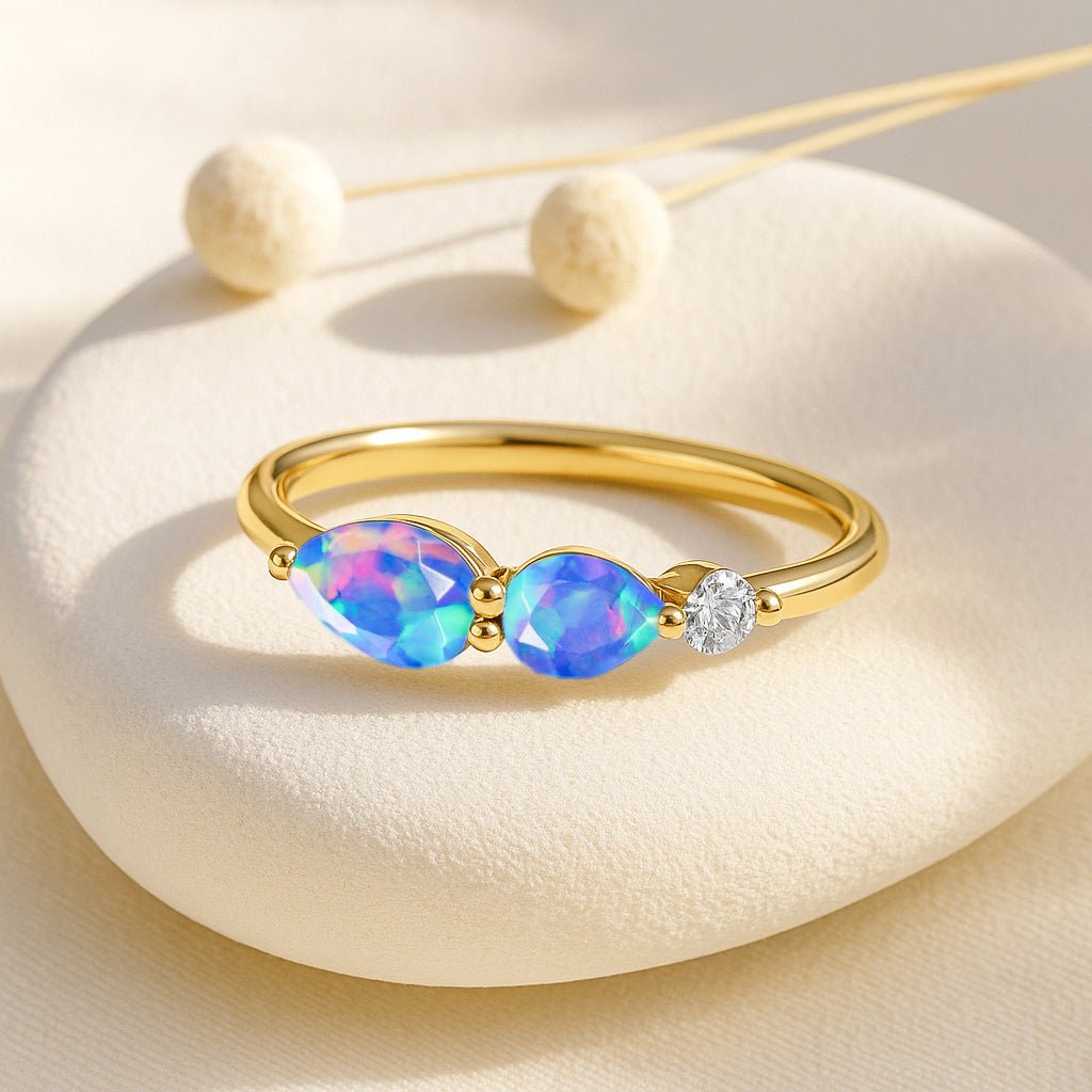 Natural Blue Opal Pear Shape Two Stone Ring in Yellow Gold Filled & Silver - Goodstone Jewels