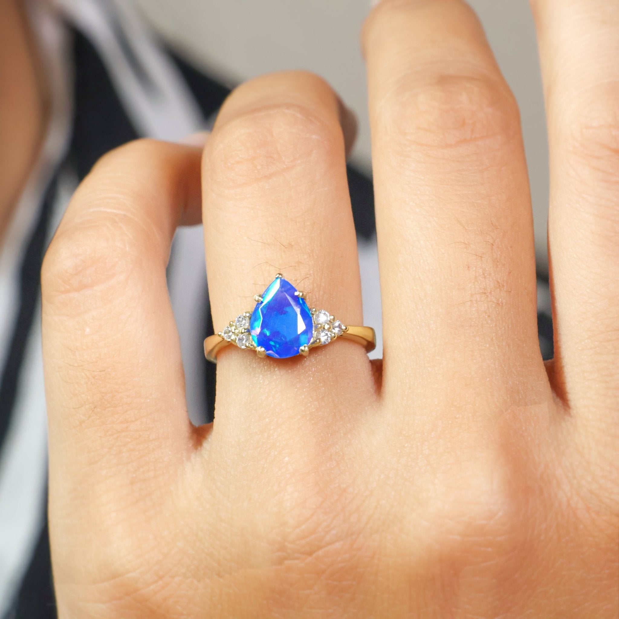 Natural Blue Opal Pear Shape & White Zircon Solitaire with Accents Ring - Goodstone Jewels