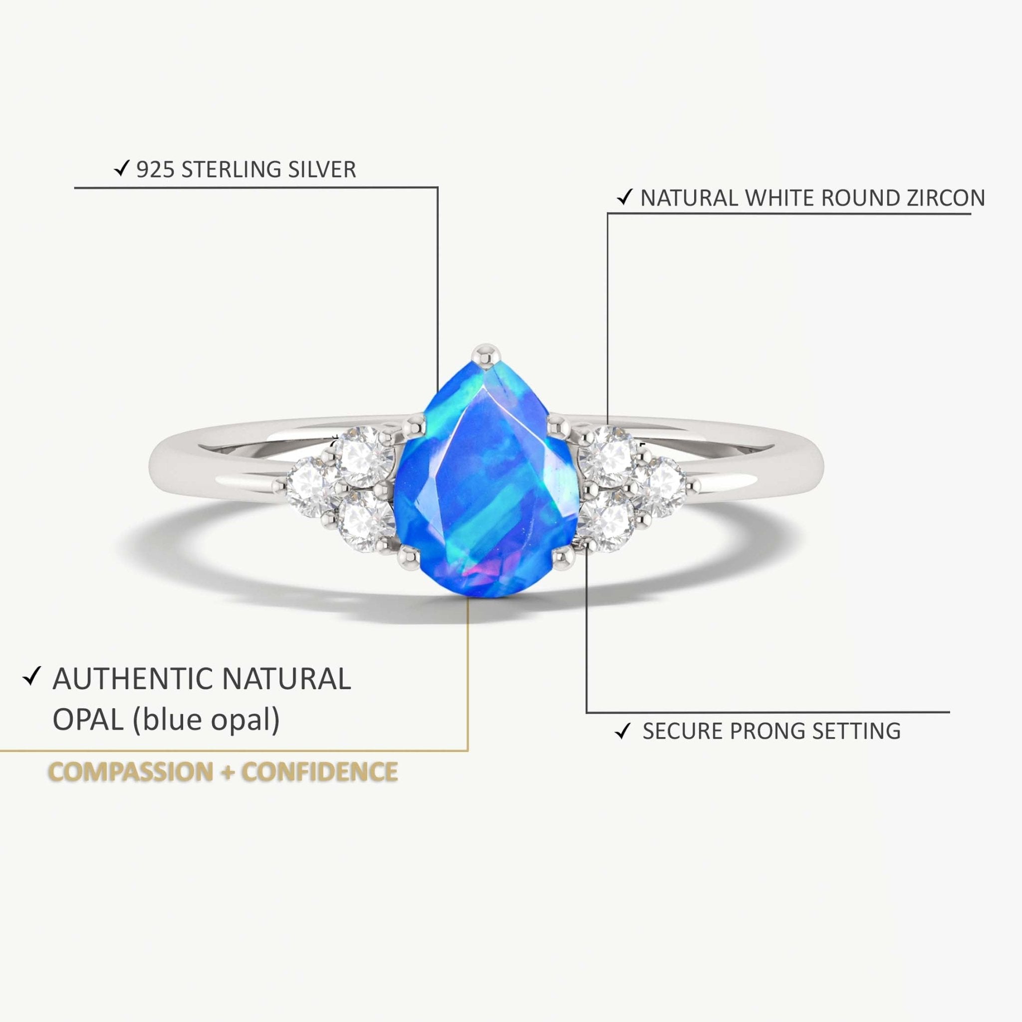 Natural Blue Opal Pear Shape & White Zircon Solitaire with Accents Ring - Goodstone Jewels