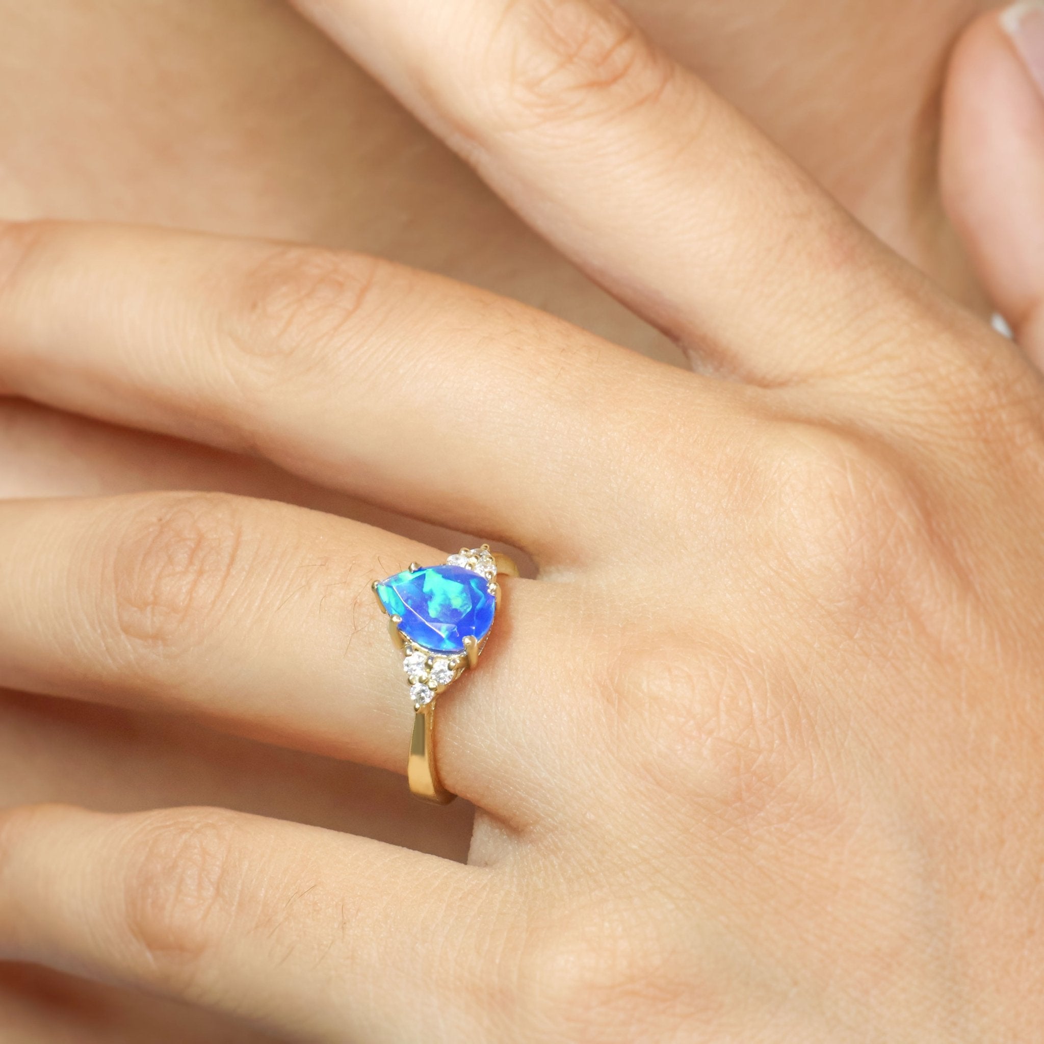 Natural Blue Opal Pear Shape & White Zircon Solitaire with Accents Ring - Goodstone Jewels