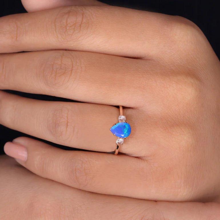 Natural Blue Opal Pear Shape with Zircon Three Stone Statement Ring - Goodstone Jewels