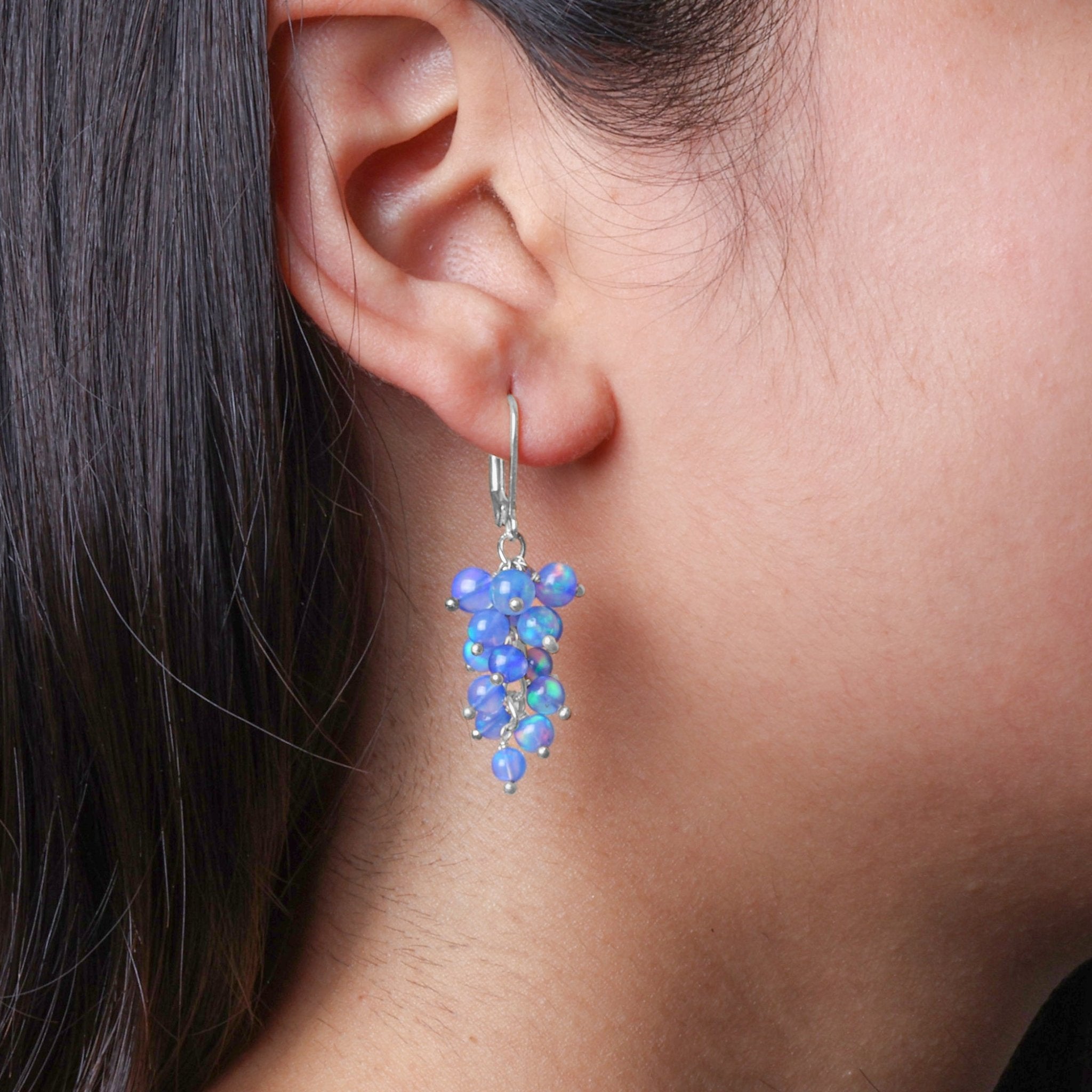 Natural Blue Opal Round Beads Cluster Earrings for Her - Goodstone Jewels