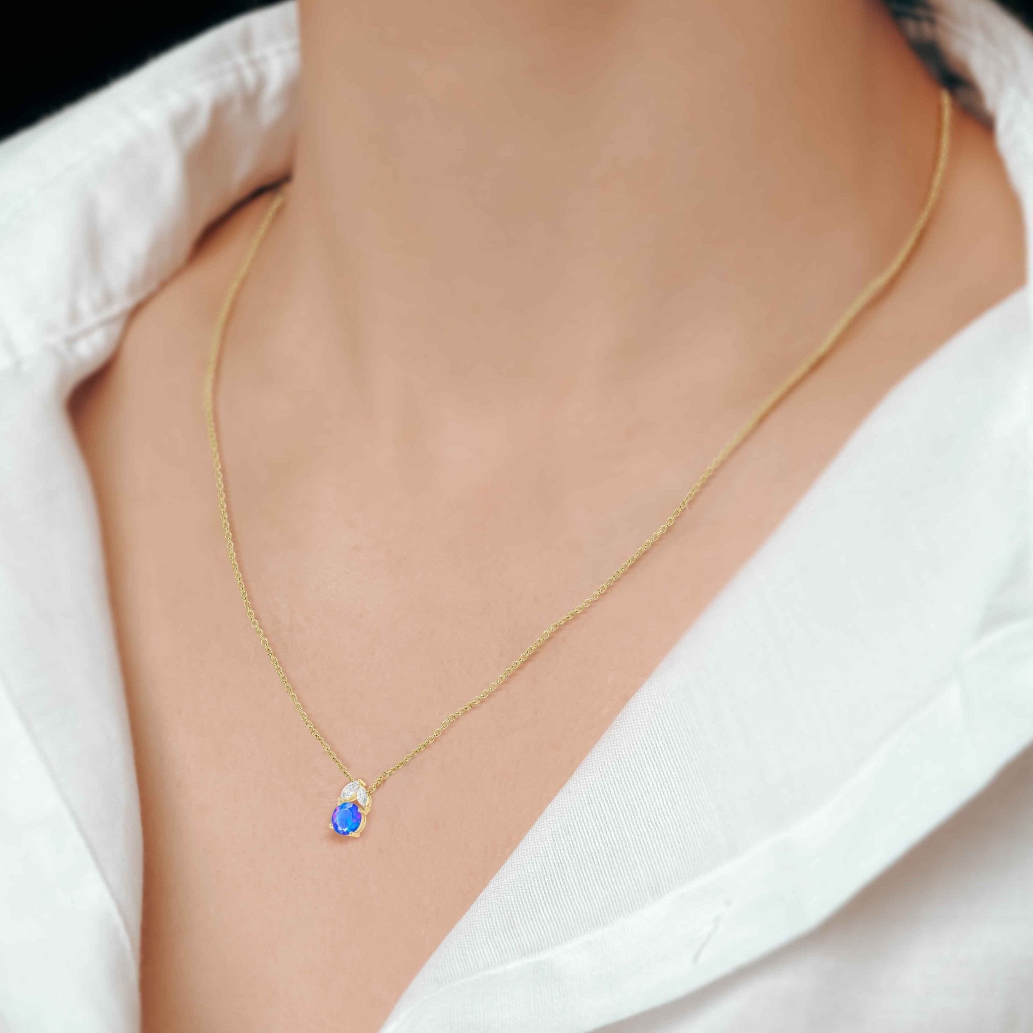 Natural Blue Opal Round Stone Minimalist Chain Pendant Necklace - Goodstone Jewels