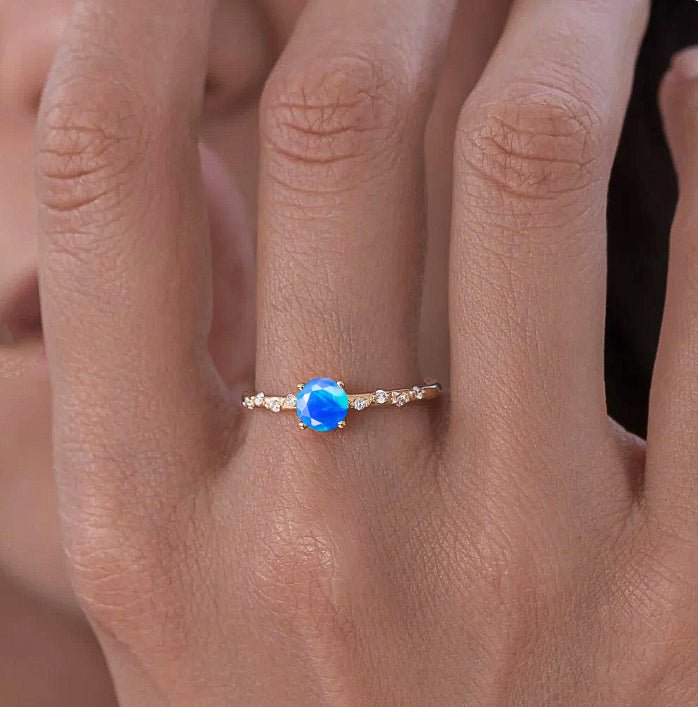 Natural Blue Opal ROUND STONE MINIMALIST SOLITAIRE WITH ACCENTS RING - Goodstone Jewels