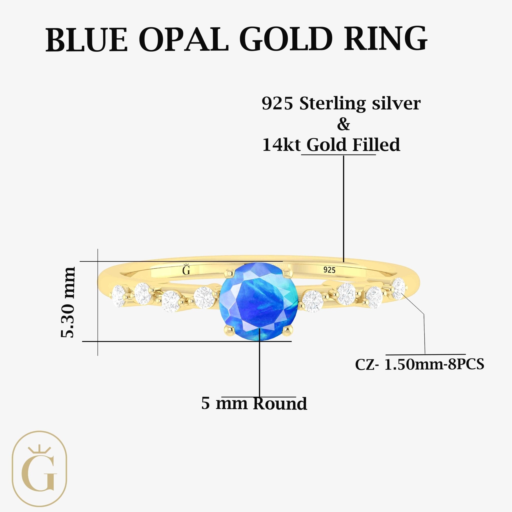Natural Blue Opal ROUND STONE MINIMALIST SOLITAIRE WITH ACCENTS RING - Goodstone Jewels